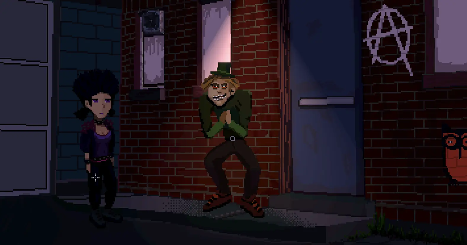 A back alley with a creepy looking guy talking to our leading girl. pixel art.