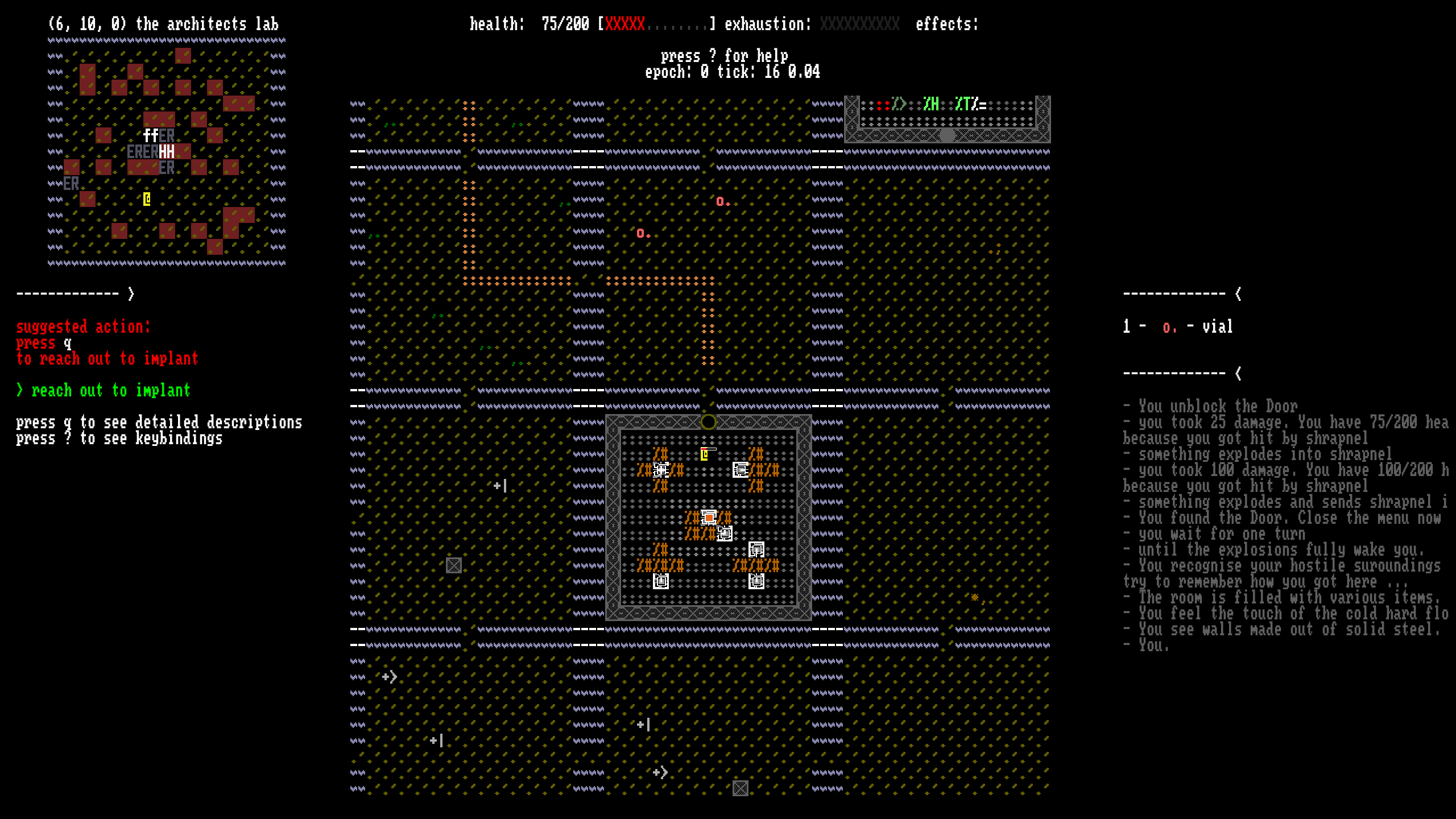 A screenshot of a game with the UI in one font and the text based terrain map shown in a different font
