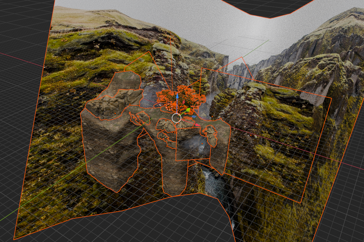 blender view of the ravine scene, showing the majority of the scene is just image planes. the tree and plateau are 3d geometry, but the plateau has a number of rock geometry instances stuck to it haphazardly to increase the detail.
