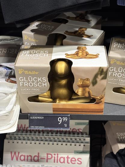 A golden frog in a Yoga pose with the name Frog of Luck

(The text in the photo is in German)