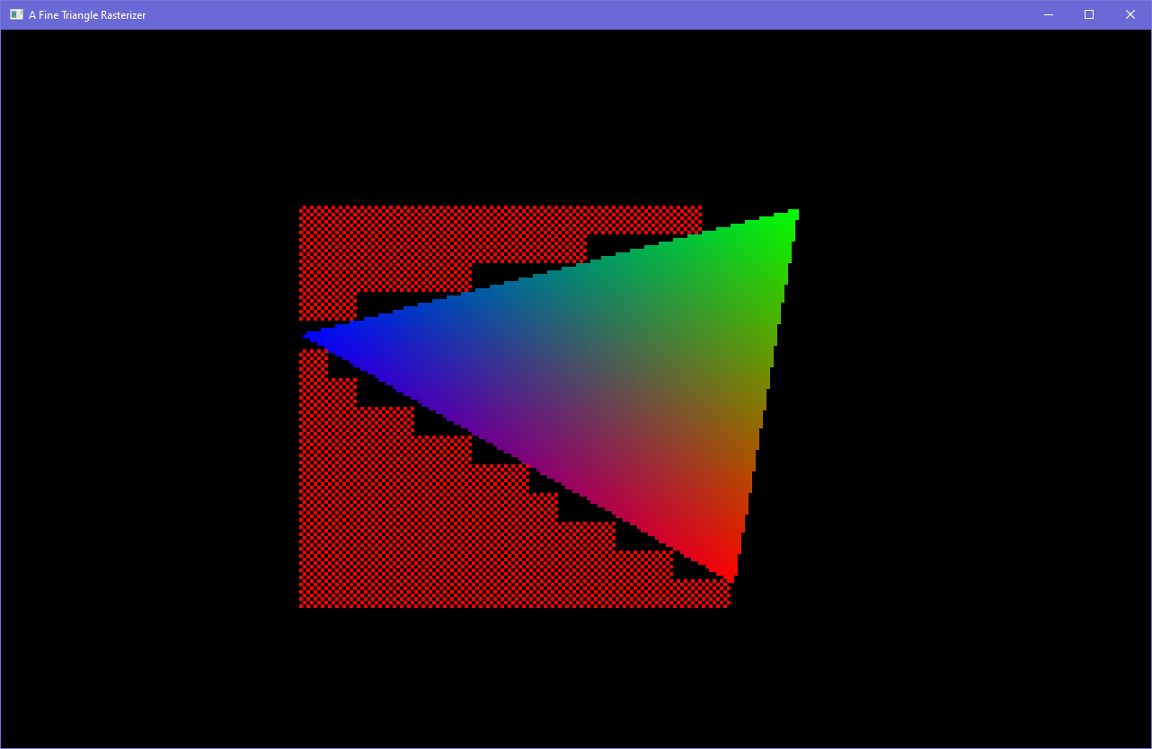 an RGB colored triangle, the left side of its bounding box is filled with a red dither pattern in 8x8 pixel tiles