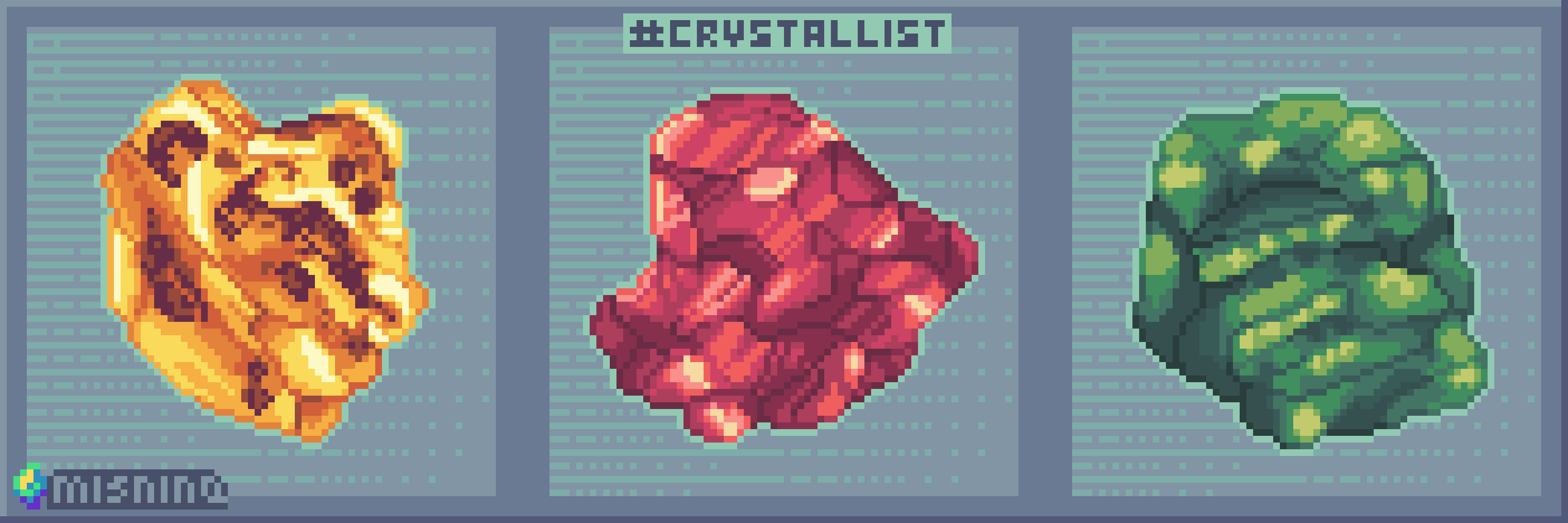 A set of three pixel art icon of crystal at 64x64 pixels. They are amber, ruby, and emerald crystals. It is marked with #CrystalList with a logo by misnina.