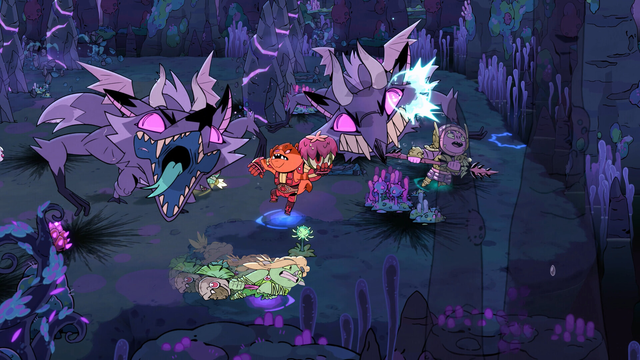Two players battle the trickster boss Enigmox in Rotwood.