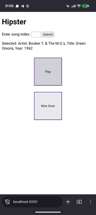A website titled "Hipster" with two buttons "Play" and "Next Scan" and debug text that shows the selected song info, "Artist: Booker T. & The M.G.'s, Title: Green Onions, Year: 1962"