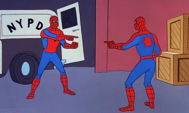 Meme of two Spider-Men pointing at each other