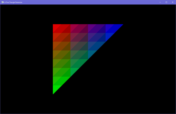 a quote unquote gouraud shaded triangle with red, green, and blue points. the "gradient" if you can call it that forms a cool diamond pattern from the color banding