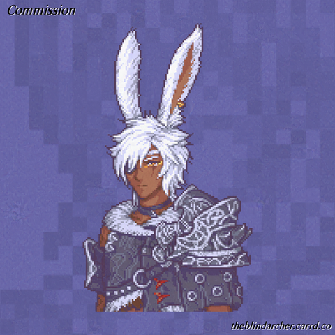 16 bit pixel art bust portrait of a slender man with a dark complexion, white feathery hair, rabbit ears, and one visible golden eye.  The other eye is covered by both his bangs and an eye patch.  He wears a fur-lined black leather mantle with ornate black armor on his left shoulder and right arm.  The art depicts the recipients Vierra Warrior of Light from Final Fantasy XIV. 