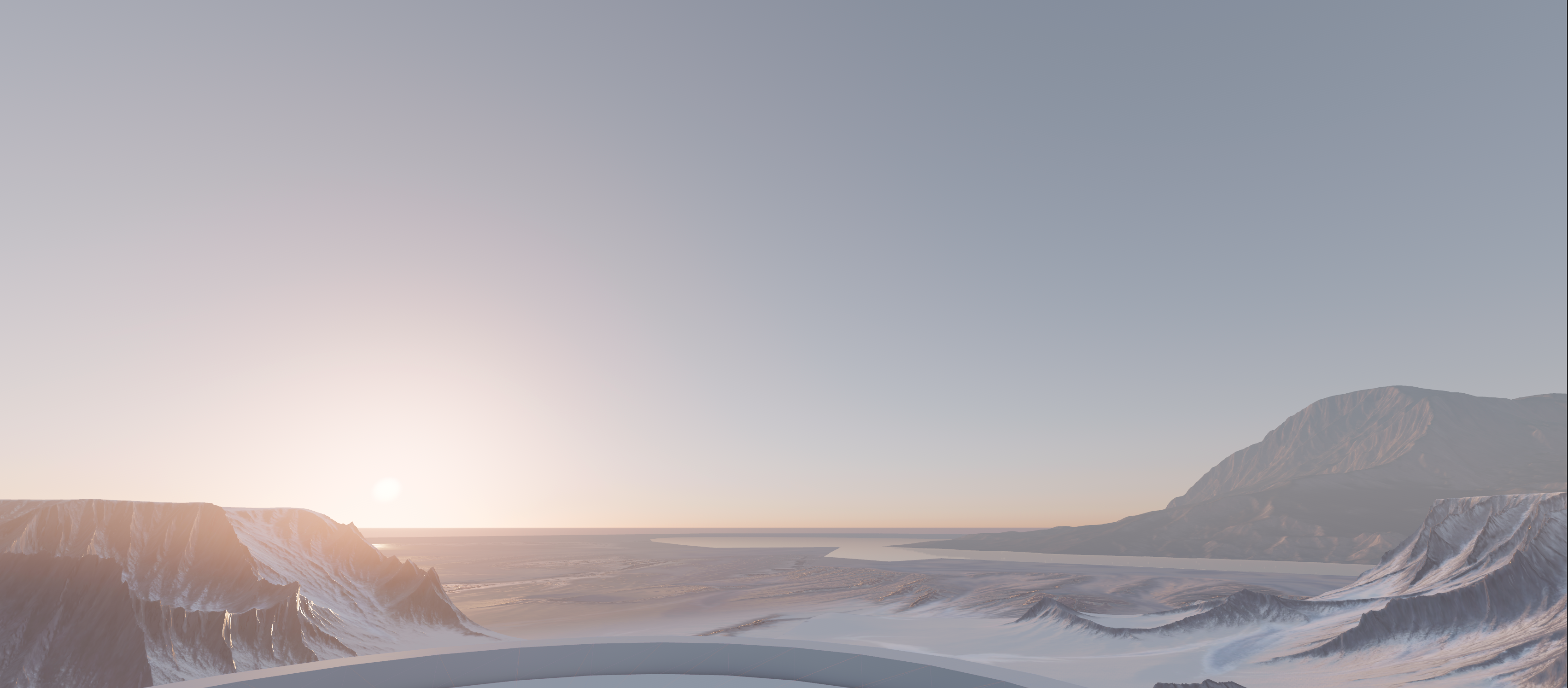 A snow field with a glowing sun on the horizon, with nice soft gradients of color
