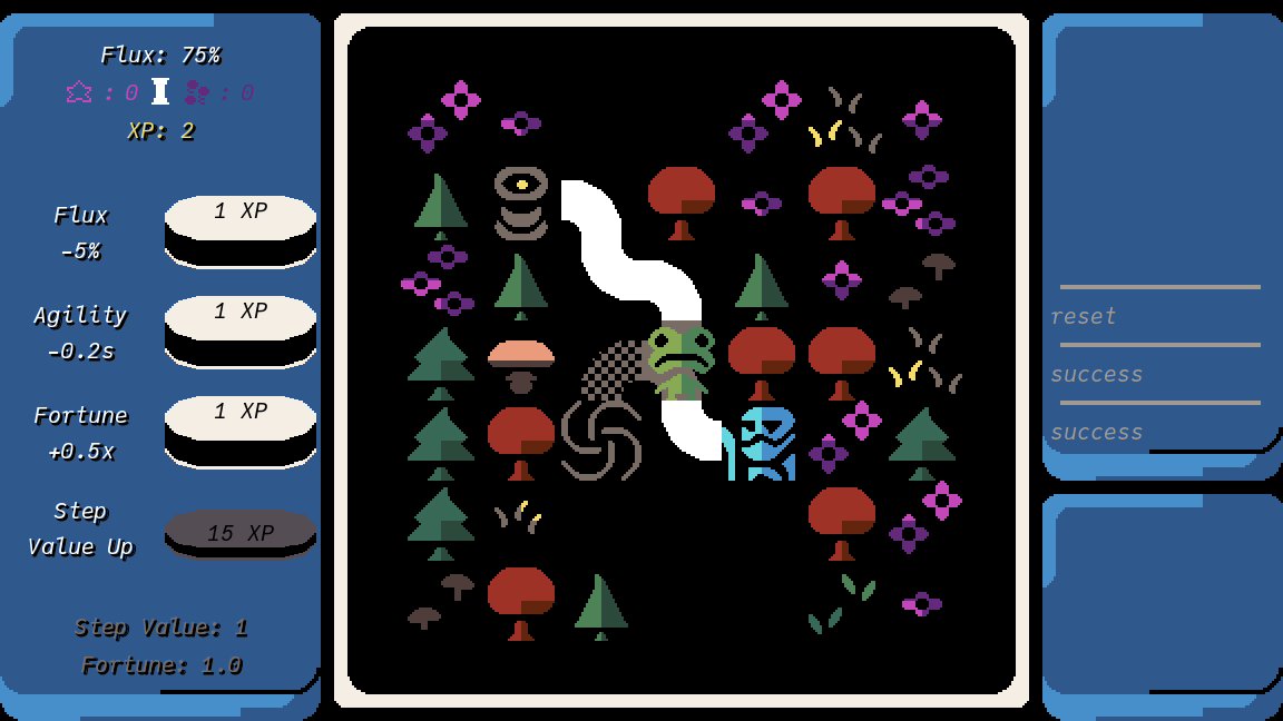 game screen from unfair dungeon with blue ui panels on the left and right, the game screen in the middle has a white border and no dungeon tiles on the outer edge now. The frog character is in a lush forest.