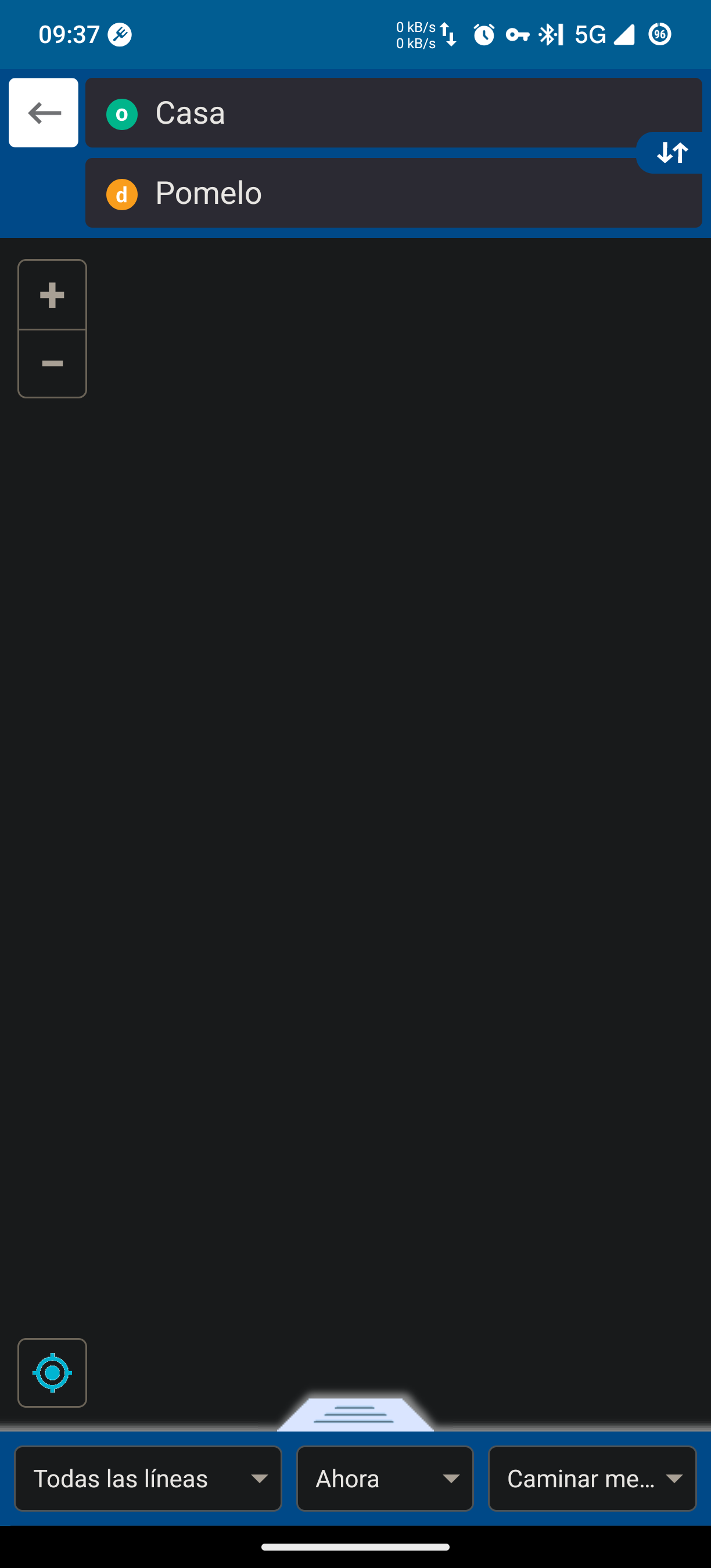 screenshot de la app como ir con el área donde debería estar el mapa completamente negro