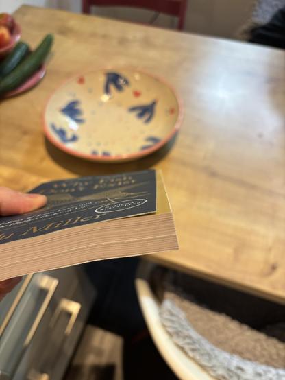 The book “Why Fish Don’t Exist” by Lulu Miller seen from the side revealing that the golden stripe is actually a whole golden page that is only visible from the front because the cover page is cut off to be shorter than the rest