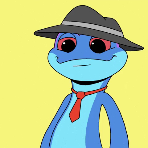 A cartoon reptile wearing tie and hat greets the view by holding up the hat and putting it back down