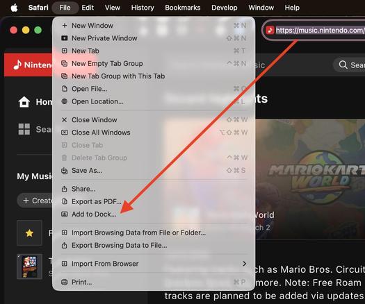 macOS screenshot of Safari with https://music.nintendo.com opened. Cropped to show only the URL and the open File menu. There’s an arrow pointing from the URL to the menu item “Add to Dock…”.