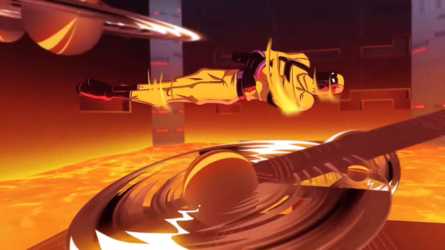 Animated sequence depicting Hazard from the game Hot Lava. He's jumping between spinning blades with bubbling lava in the background.