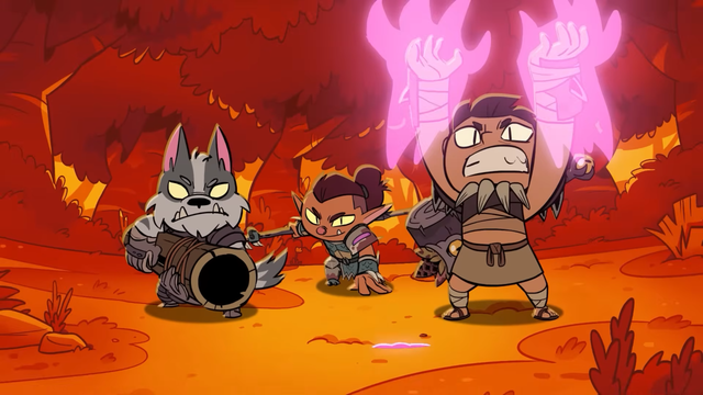 Three hunters from the game Rotwood prepare for battle with wooden weapons ready. They wield a cannon, spear, and hammer. One hunter has hands raised to use a spike-summoning skill.
