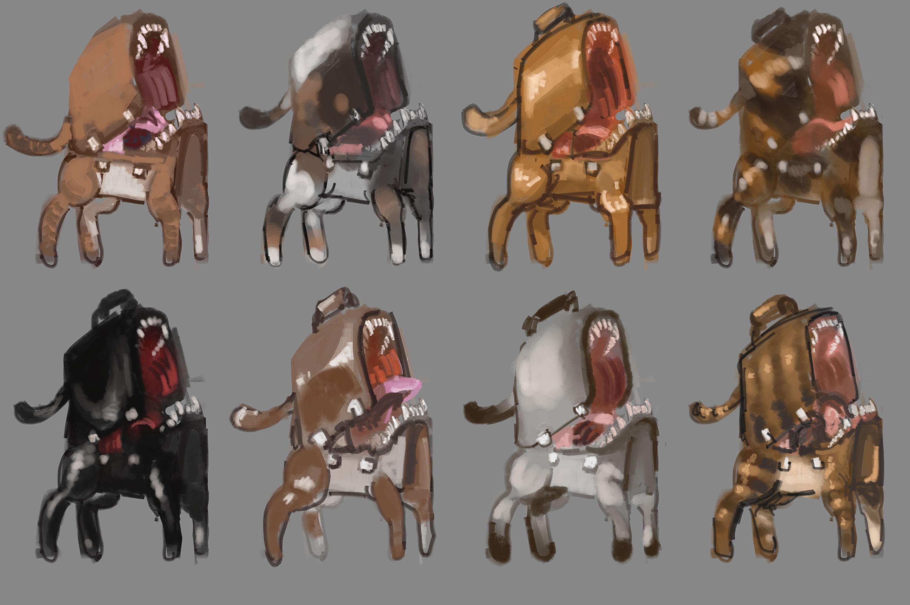 Digital concept art exploring color combinations for a living briefcase creature, showing its meaner side, mouth agape.