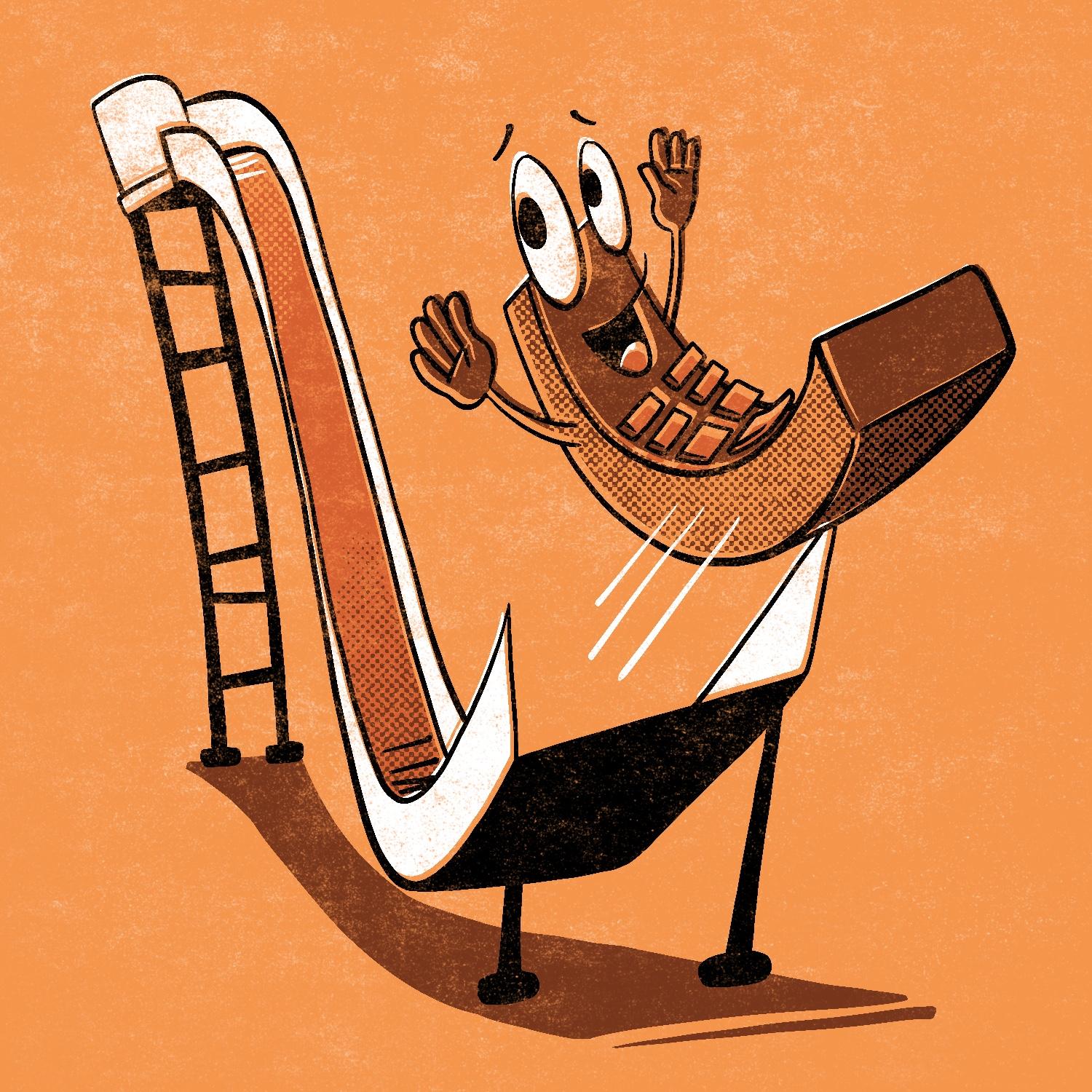 A cartoon illustration of a TV remote sliding down a children's slide. The TV remote is curved into a sitting position and flying off the bottom end of the slide. It has a smiling face and two arms spread out above it, and it looks like it's having fun. The slide behind it is drawn in a distorted, stylized way. The remote is dark red, the slide is red and white, and the background is orange. The colors are offset from the lines, as if the drawing was printed, and it is shaded with a halftone pattern and has a distressed effect applied.