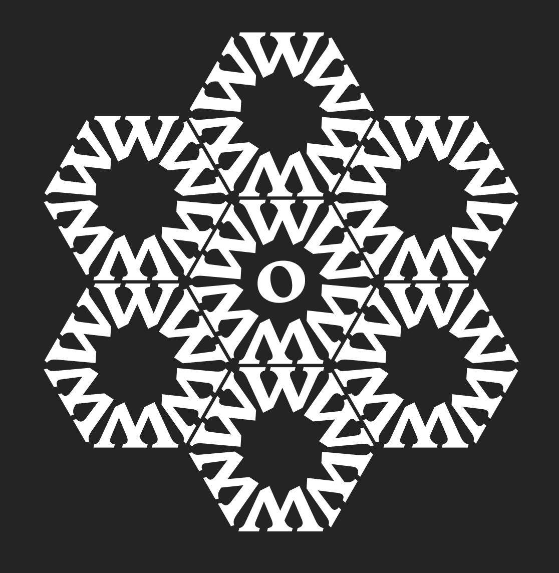 Hex grid of tiles made out of radially repeating “w” glyphs from Avona Serif. There’s a lowercase “o” glyph inside the middlemost one: looks kind of like an eye or a ring.