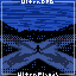 Pixel art of a person standing in the middle of a crossroad at night. Their shadow extends into each road from under them and has a demonic shape with glowing red eyes.