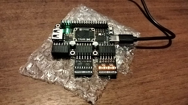 Tang Primer 25k FPGA board with attached 8 LED module to the right pin block. LEDs are blinking in checkboard pattern