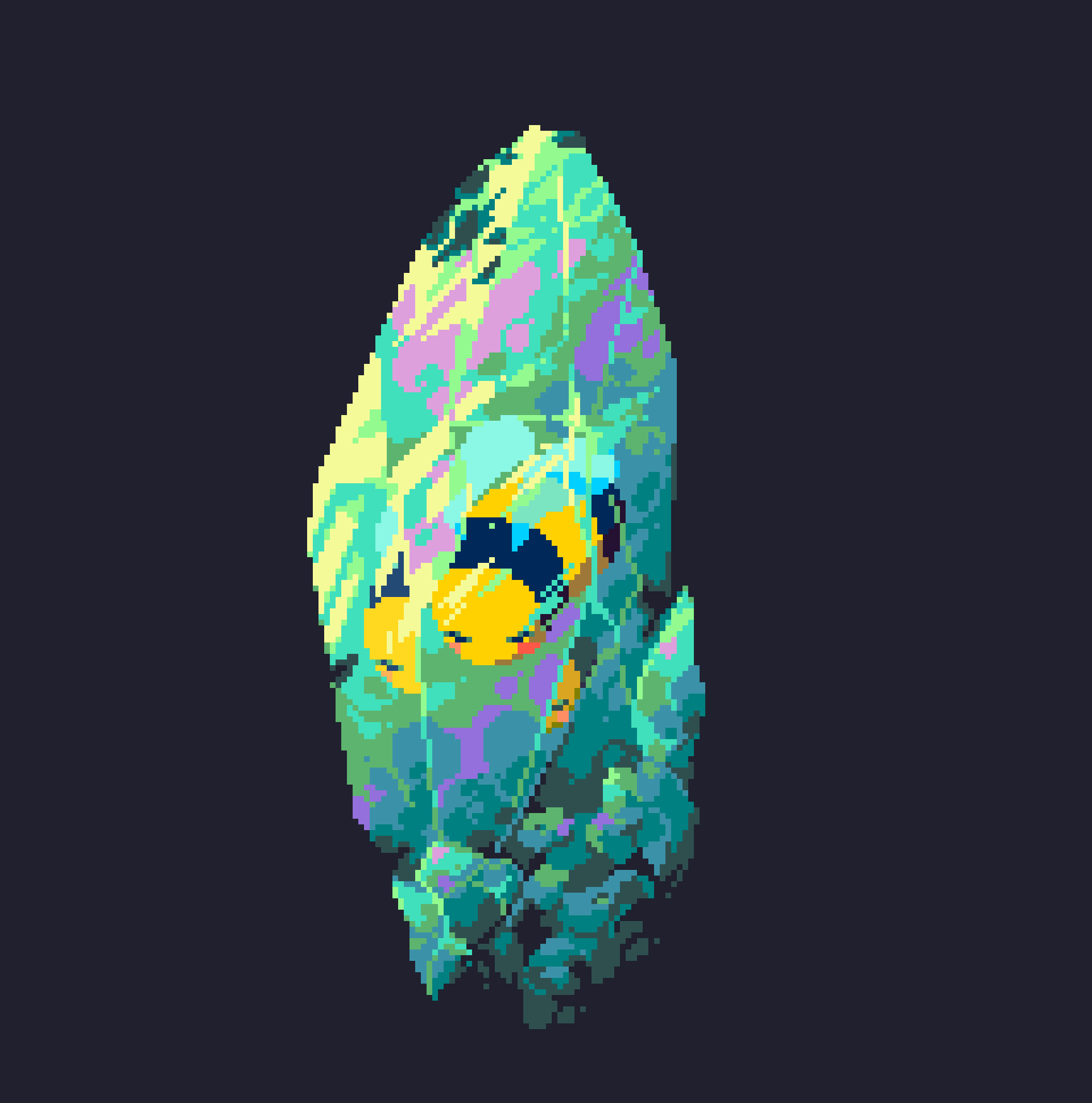 a pixel art of a bean-shaped bee sleeping within a cyan crystal crumbling at the bottom