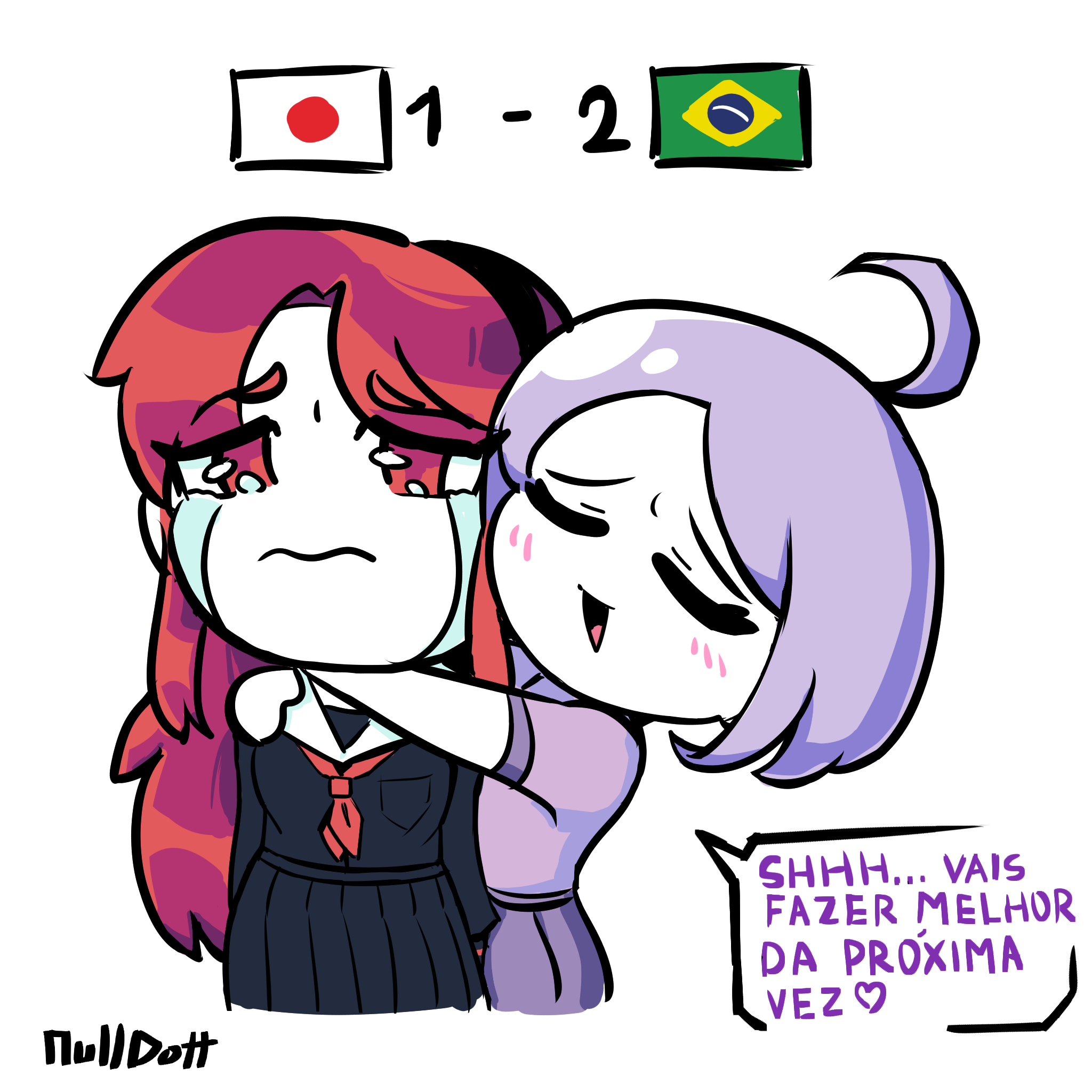 A small doodle of Lua and Ruby programming languages as anime girls, with the scores of the last Japan vs Brazil World Cup match, Ruby is crying while Lua is hugging her and telling her "Shhh... You'll do better next time" in portuguese