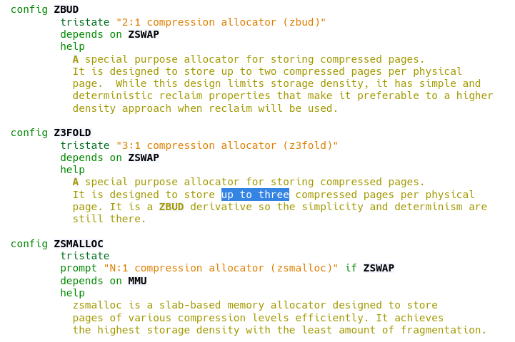 Screenshot of ZBUD, Z3FOLD, and ZSMALLOC option descriptions from https://elixir.bootlin.com/linux/v6.0/source/mm/Kconfig with "up to three" in z3fold highlighted