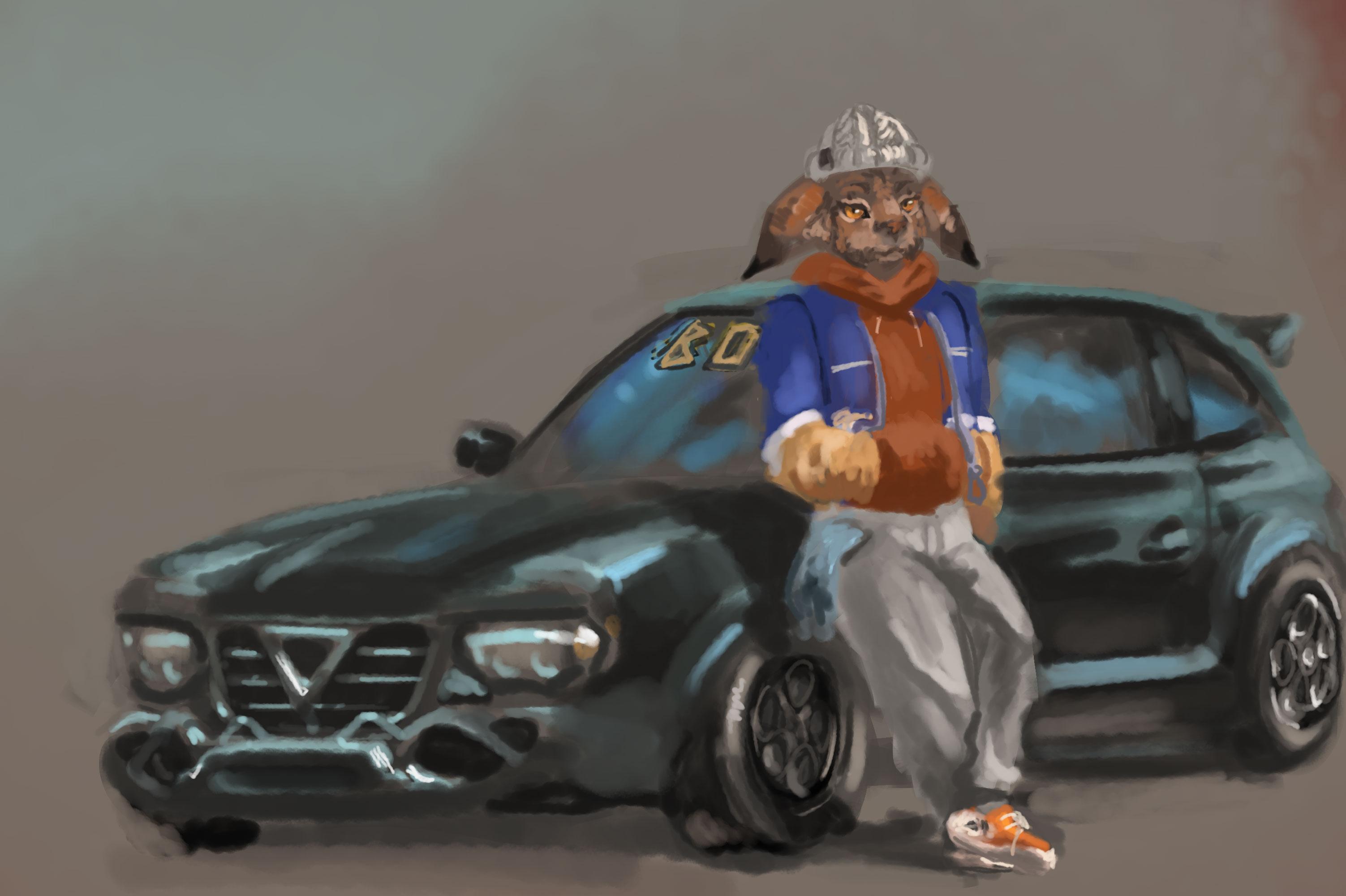 Digital painting of anthropomorphic Lynx gangster car mechanic, leaning on his modded Italian hot hatch.
Character is property of Allims2009