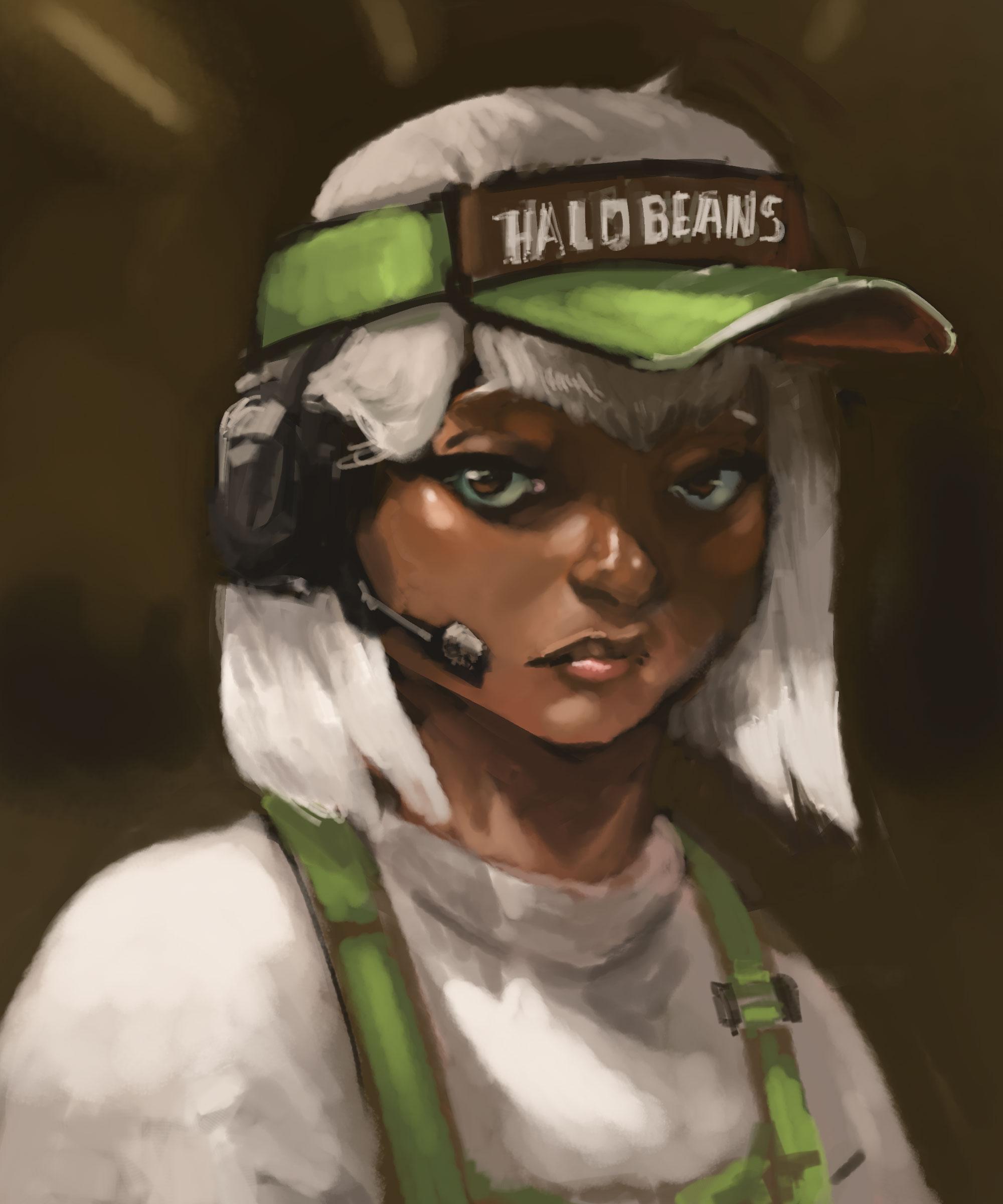 Digital portrait painting of Adina, a white haired coffee shop barista angel, complete with headset and branded visor.
Character is property of qurvballz.