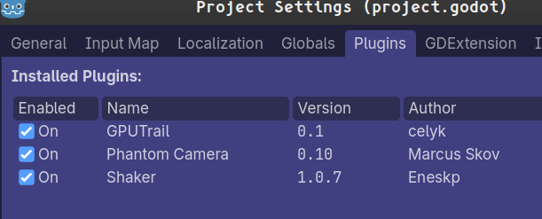 A list of three Godot Engine plugins: GPU Trail, Phantom Camera, and Shaker