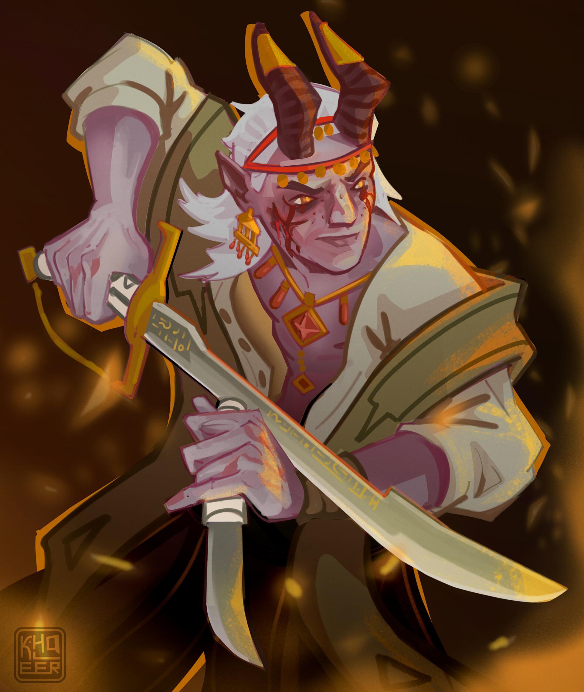 An art of a Tiefling Swordman, slowly transforming into an lich.