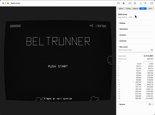 My IDE just told me my game's theoretical max score, live! This is BELTRUNNER, my entry in #gmtkjam 2026, and the first 