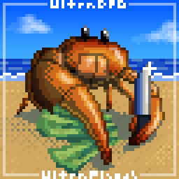 Pixel art of a crab at the beach. It holds some money in its right claw and a knife in its left. The right claw is extended towards the viewer, but that knife looks sharp.