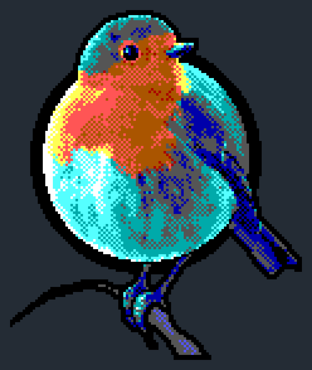 Stylized EGA pixel art portrait of a European Robin. It is very rotund.
