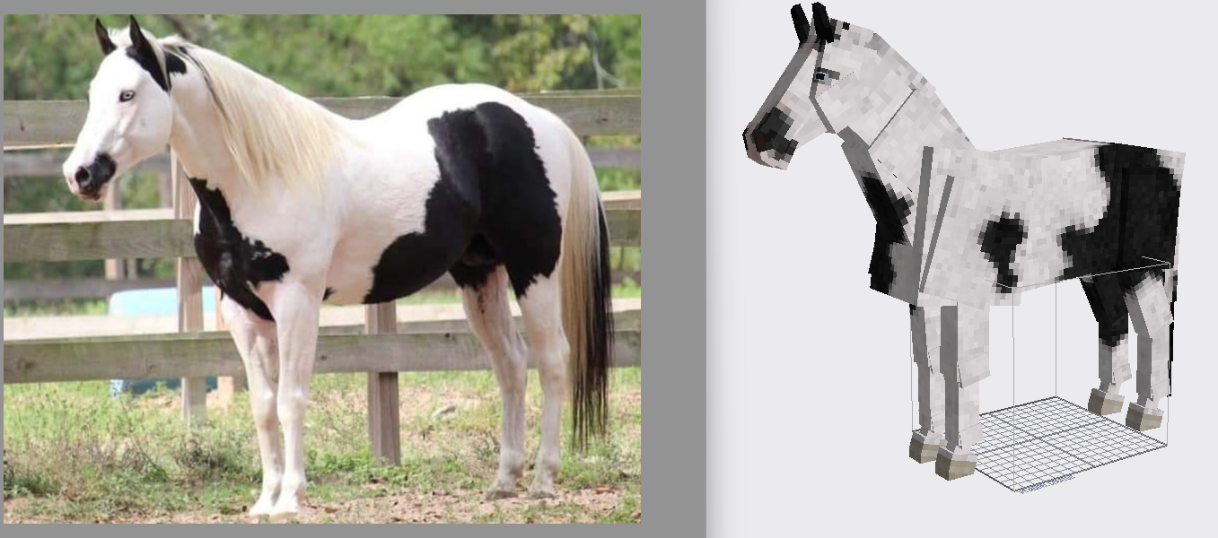 The horse inspiration for the horse textures and a Vintage Story style pixelated horse with black and white patches placed next to each other