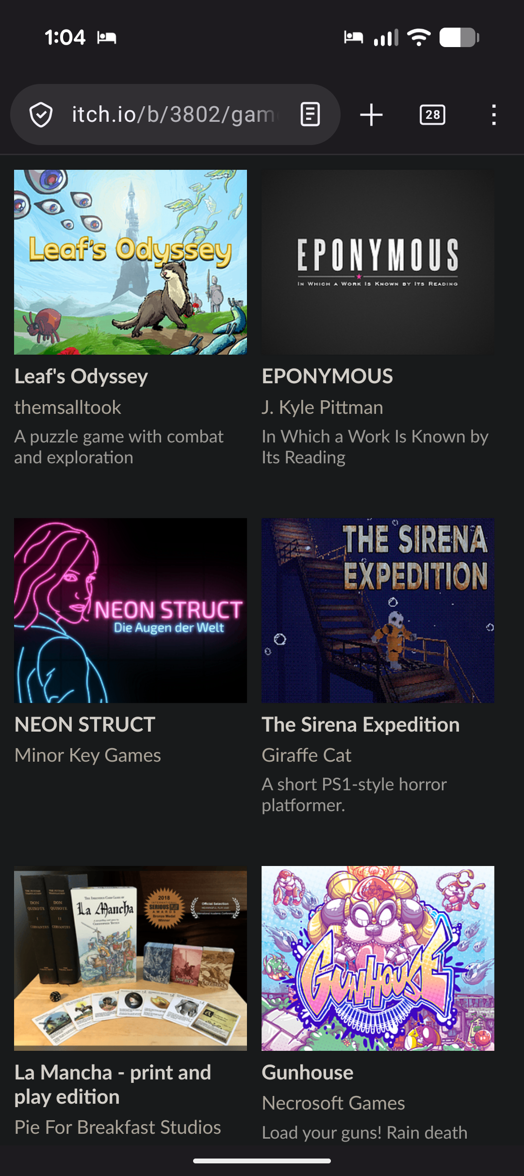 Screenshot of games in the bundle including Leaf's Odyssey, Eponymous, Neon Struct, the Sirena Expedition, La Mancha (physical), and Gunhouse.