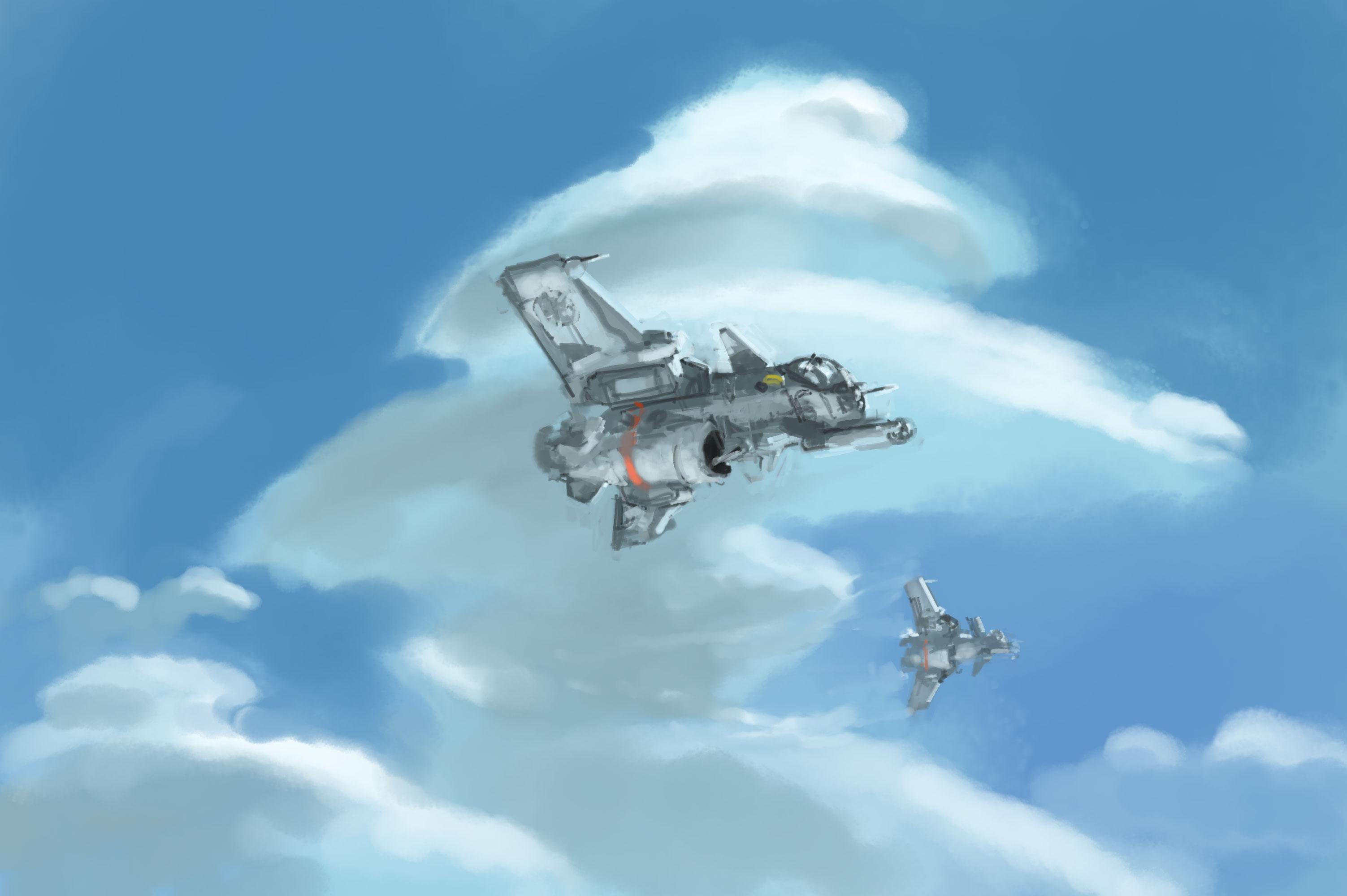 Digital painting of a pair of lumpy sci-fi delta wing jets, flying in front of lenticular clouds.