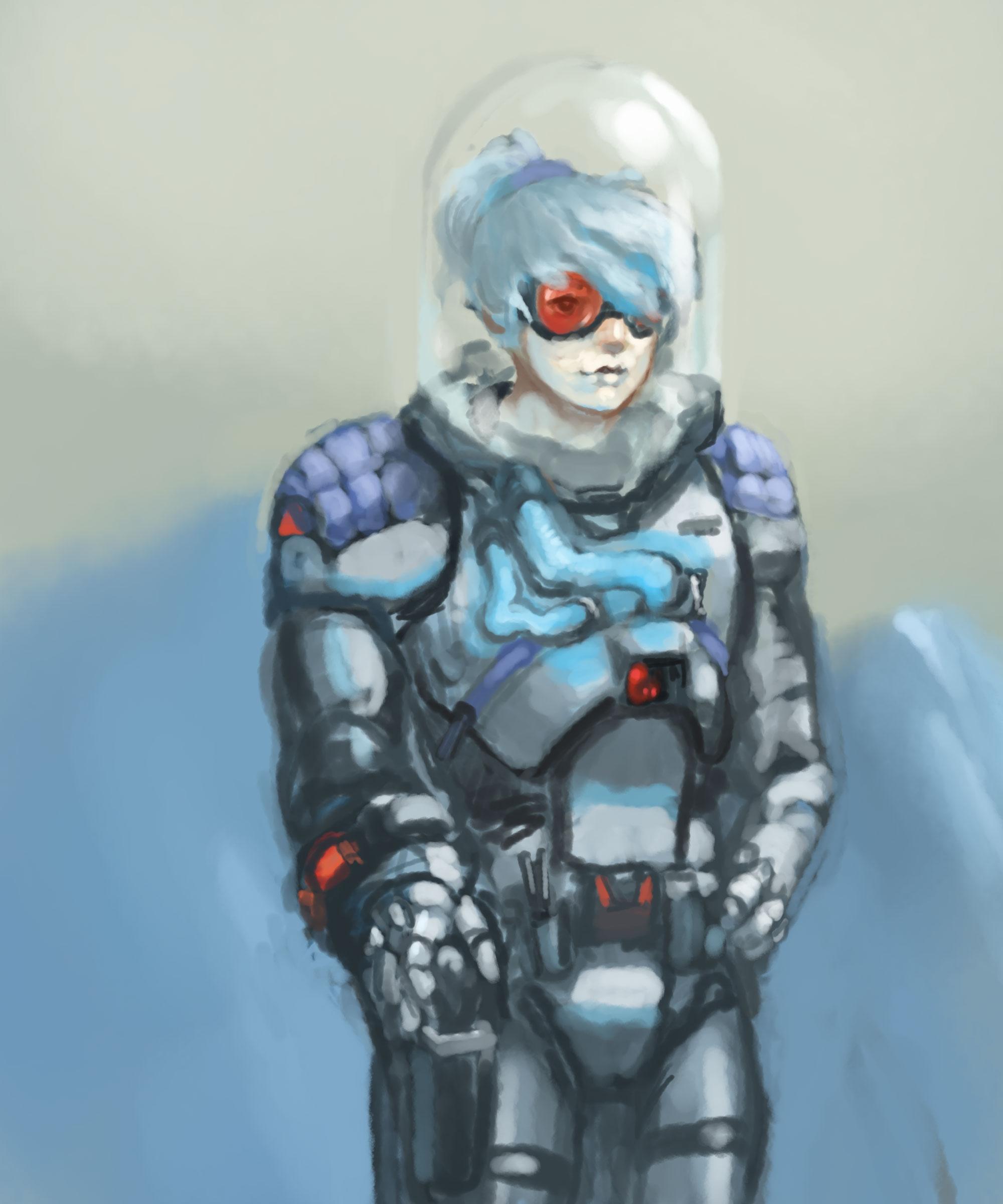 Digital painting of sci-fi character, a pilot in an armored spacesuit designed to keep cold in. As requested by The_Flawless_Walrus