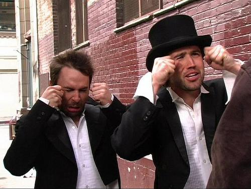 Charlie and Mac from Always Sunny in Philadelphia, fake crying.