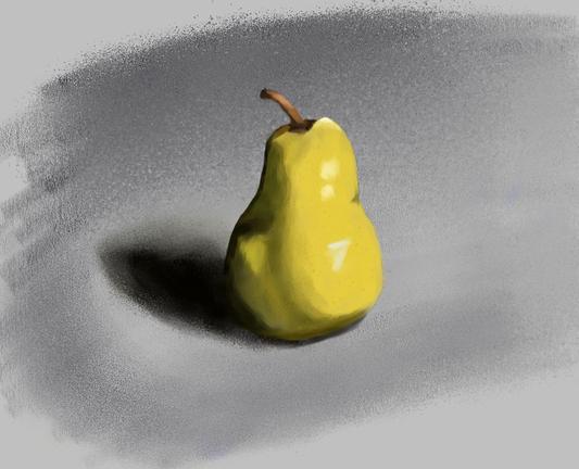 Drawing of yellow pear on grayscale background. Light is coming from top right corner