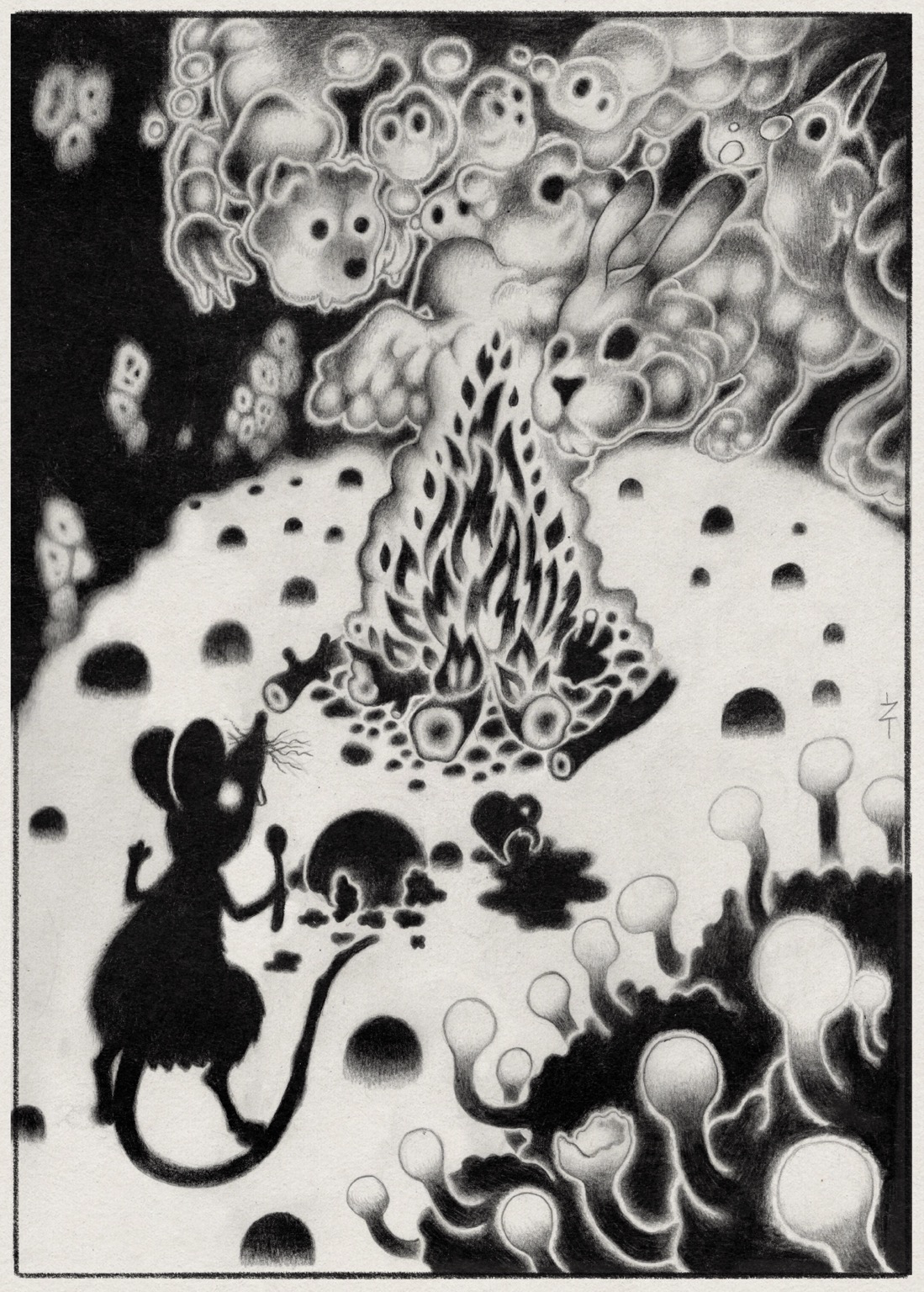 Black and white silhouette drawing of a rat stood on its hind legs, holding a spoon. In the middle of the drawing is a campfire, the smoke from the fire forms the shapes of animals. There's a spilled mug and porridge bowl on the floor. In the right lower foreground is a black mound with stalks that have glowing balls on the end, one of them looks to have popped.