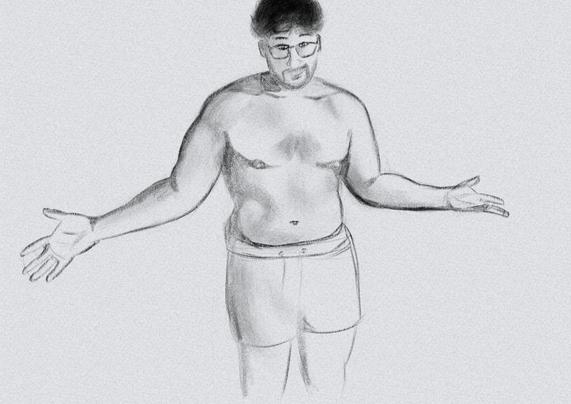 Digital pencil drawing of Adam Ragusea. He's standing straight with hands extended to the sides  