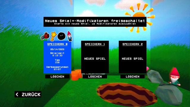 Screenshot of Berry Bury Berry main menunin German. Savegame 0 shows 4 endings, playtime of 9hours and 19 minutes, 238 in-game days and 87/87 upgrades.