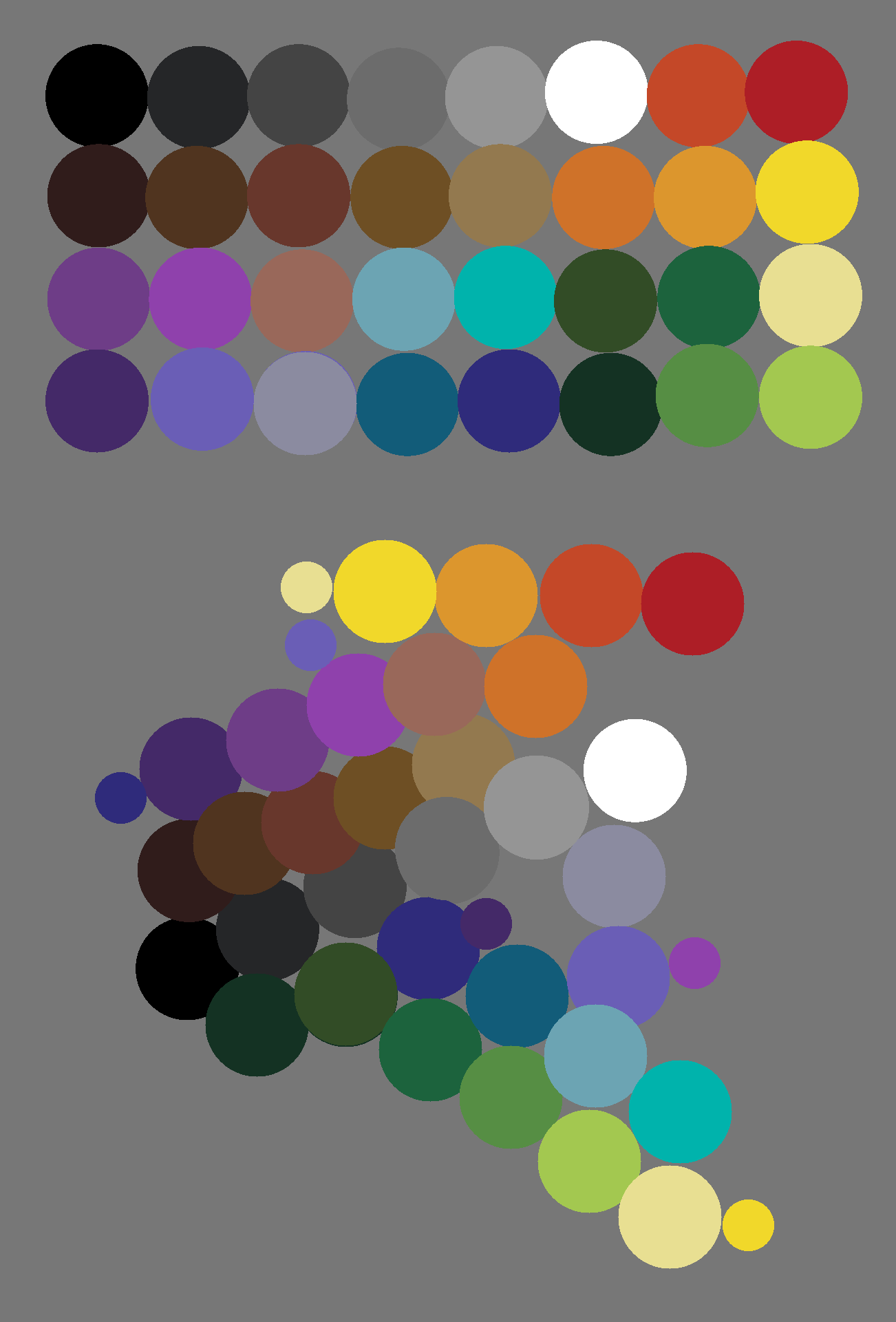 Color swatches for a 32-color palette that tries to bring the C64 color palette a little closer to what you'd find in a catalog of traditional oil paint colors.  I tweaked the new colors to be a little off in the way that the C64 colors feel a bit off.

The top half of the image is the 32 colors arranged in a grid.  The bottom half is the same colors arranged the way I'd arrange them if I was painting; they're arranged in a spectrum of hue and value.  I also added some redundancies as smaller dots to show where the non-linearities are in the palette for the sake of clarity.

This palette has some extra purples that I might replace for other colors as I experiment with it and get a feel for what is missing.  The blue spectrum is a bit weak, but the greens and earthy colors are well represented.