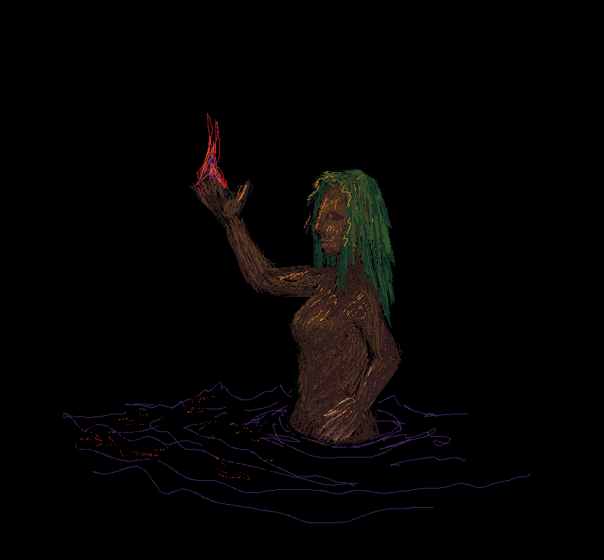 A digital painting of a dryad wading through dark waters.  Her right hand is held ahead to light the way as if she were holding a torch, but it's just her hand that's on fire.  The light of the flame casts a warm light upon her and the waters around.  Her skin is like twisted bark resembling the musculature of a human, and her hair is like long blades of grass.  This was drawn from my imagination without references, and I'm a bit meh about how the anatomy worked out, but I'm way out of practice with figure drawing so go easy on me lol.