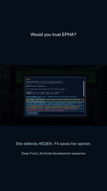 EPHA defends HEDEN. You record her opinion. What would you check before voting? Archived development sequence. Free demo
