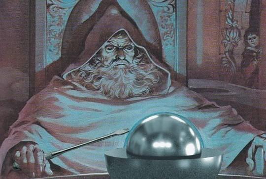 A wizard staring into a crystal ball that has been replaced with the Demon Core plutonium experiment that killed several nuclear scientists because of reckless negligence on two occasions.