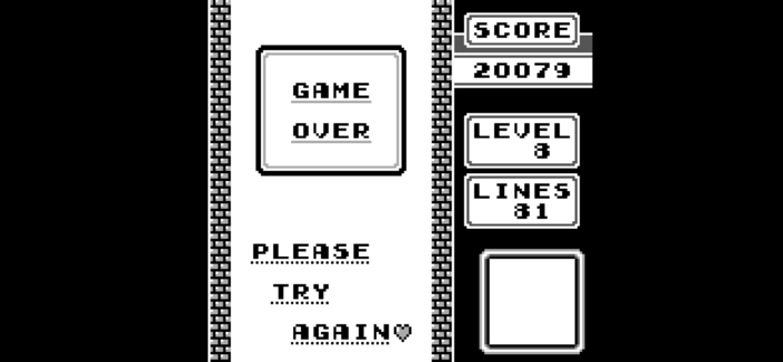 Screenshot of a classic Tetris game over screen in the Delta emulator app, displaying "GAME OVER" in the center, with "PLEASE TRY AGAIN" beneath it. On the right, the score is shown as 20079, at level 8 with 81 lines completed.