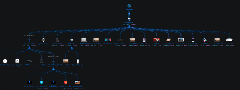 Network topology diagram showing multiple connected devices through a central router labeled “Brightspeed.” Devices include smart home hubs, streaming devices, computers, mobile phones, game consoles, and printers. Data rates (in Kbps or bps) are listed for each connection. Subnet branches extend to grouped smart home and server infrastructure.