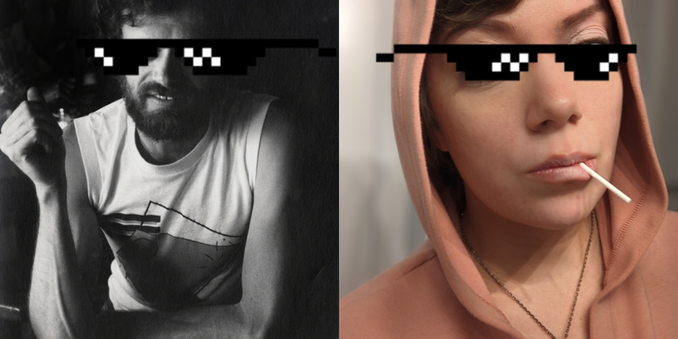 A selfie of a round-faced mixed nonbinary woman with a lollipop sticking out of her mouth side-by-sie with an old photo of a younger-looking Terence McKenna in a t-shirt with cutoff sleeves, sneering. Both of them wear pixellated sunglasses.